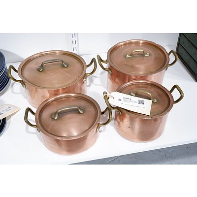 Set of Four Vintage Copper and Brass Graduated Lidded Saucepans