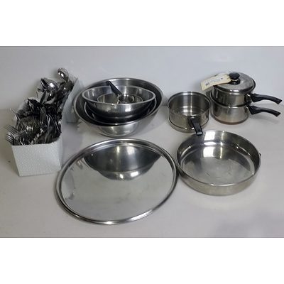 Assorted Stainless Steel Cutlery, Bowls, Saucepans and a Tray with COA Logo
