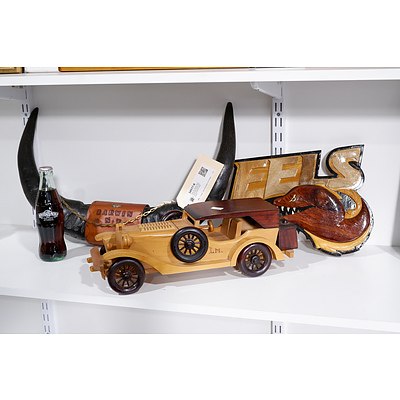 Handcrafted Wooden Model car, NRL Eels Wooden Plaque, Movie World Coca Cola Bottle and Mounted NT Buffalo Horns