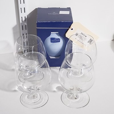 Villeroy and Boch Tiki Mini Mellow Blue Hand Made Glass Vase in Box and Four Hand Made Brandy Glasses
