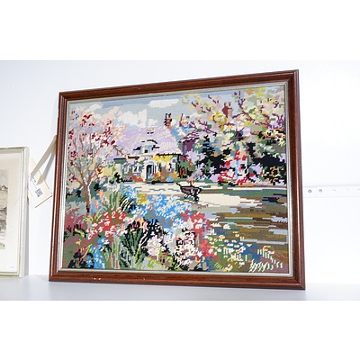 A Framed Needlepoint of a Cottage and Garden
