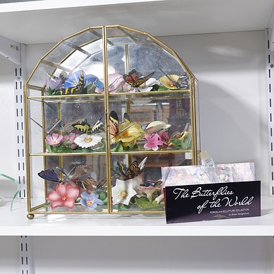 Set of 15 Franklin Mint Butterflies of the World in Brass and Glass Curio Cabinet