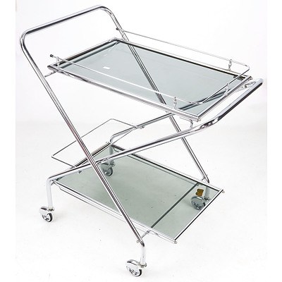 Retro Chrome Folding Drinks Trolley with Smoked Glass Trays - Made in Italy