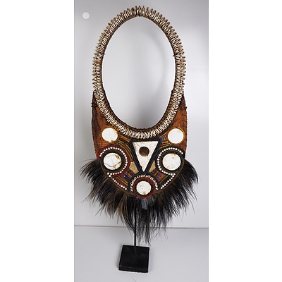 Large Antique African Tribal Neck Piece with Shell, Bone and Feather Decoration