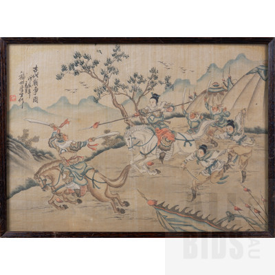 A Framed Early Asian Scene on Silk, 25 x 35 cm