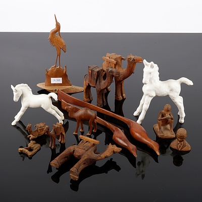 Collection of Vintage Hand Carved Wood Figures and Two White Porcelain Horses - Marked
