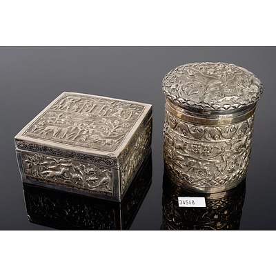 Eastern Silver Square Lidded Trinket Box and a Cylindrical Box