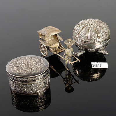 Two Eastern Silver Trinket Boxes (One Footed) and a Hand Crafted Rickshaw Figurine