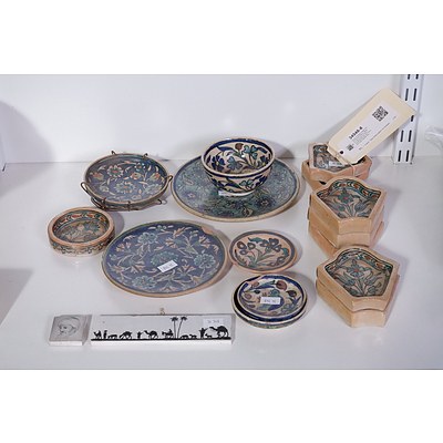 Group of Middle Eastern Hand Painted Pottery, vintage Israeli pottery 8 Piece Horsd'oeuves Set and Two Early Hand Painted Tiles