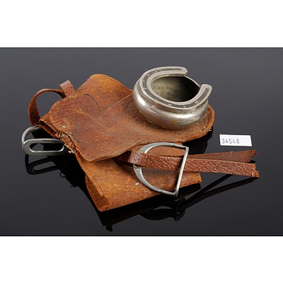 Antique Leather and Metal Saddle Ashtray