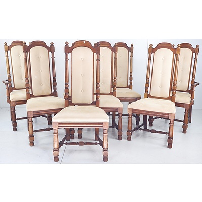 Set of Eight Oak Reproduction Antique Dining Chairs, Including Two Carvers