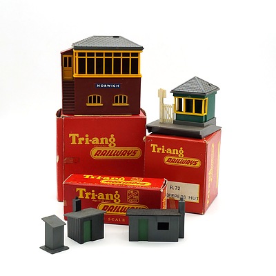 Three Vintage Boxed Triang Railways OO Gauge Scale Models, R72 Gate Keepers Hut, R61 Signal Box and R84 Three Lineside Huts