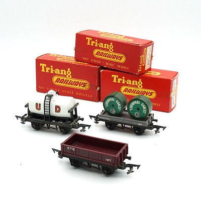Three Vintage Boxed Triang Railways OO Gauge Scale Models, R113 Goods Wagon with Drop Sides, R19 Cable Drum Wagon and R15 Milk Wagon