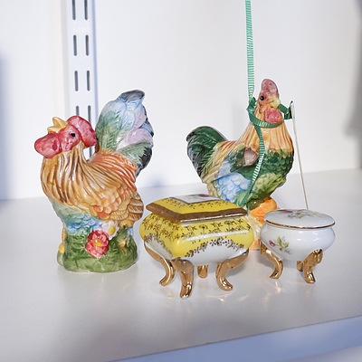 Two Porcelain Footed Trinket Boxes and a Pair of Chicken Salt and Pepper Shakers