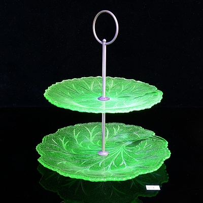 Art Deco Two Tier Uranium Glass Cake Stand