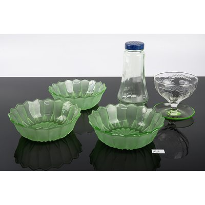 Art Deco Uranium Glass Sugar Sifter with Bakelite Lid, and Four Dessert Bowls (One Etched with Floral Motif)