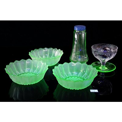 Art Deco Uranium Glass Sugar Sifter with Bakelite Lid, and Four Dessert Bowls (One Etched with Floral Motif)