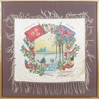 WWI Era Souvenir of Egypt, Framed Printed Silk Scarf from the Egyptian Expeditionary Force, 45 x 49 cm