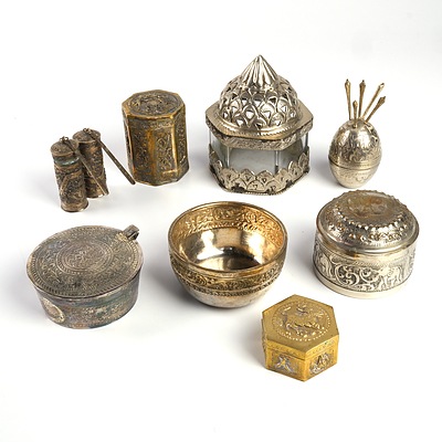 Group of Eastern Silver Plate Trinket Boxes, Bowl, Tea Canister and Hors D'Euve Fork Holder
