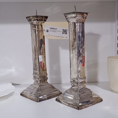 Pair of Vintage Chromed Pillar Candlesticks