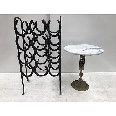 Brass and Marble Side Table With Hand Made Horse Shoe Wine Rack