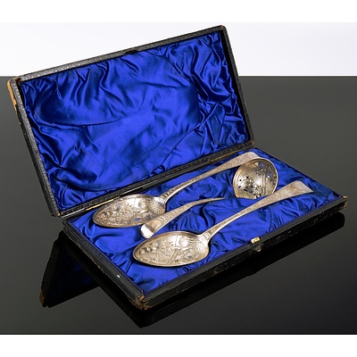 Boxed Near Pair of Georgian Sterling Silver Berry Spoons and Victorian Sterling Sugar Sifter, 153g