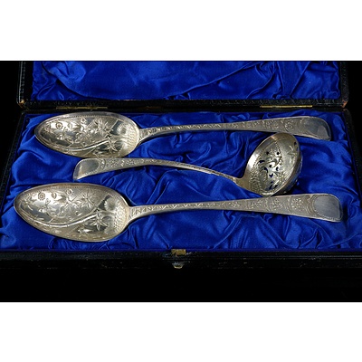 Boxed Near Pair of Georgian Sterling Silver Berry Spoons and Victorian Sterling Sugar Sifter, 153g