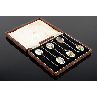 Walker & Hall Birmingham Sterling Silver Set of Six Coffee Spoons Enameled with Floral Motif - In Original Case