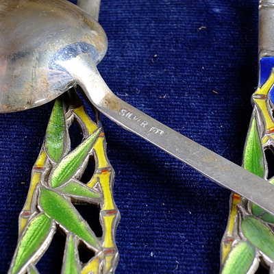 Ste of Six Boxed Asian Silver and Enamel Teaspoons with pierced Bamboo Motif Handles