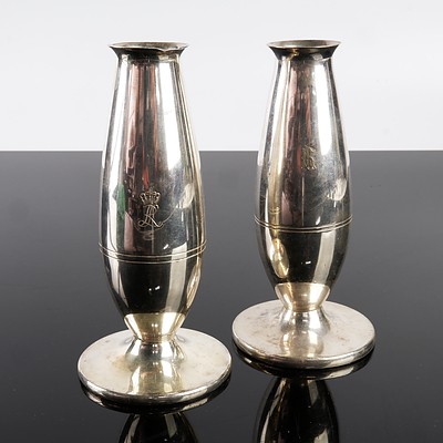 Near Pair of Monogrammed Dutch Gero Georg Nilsson Silver Plated Vases,