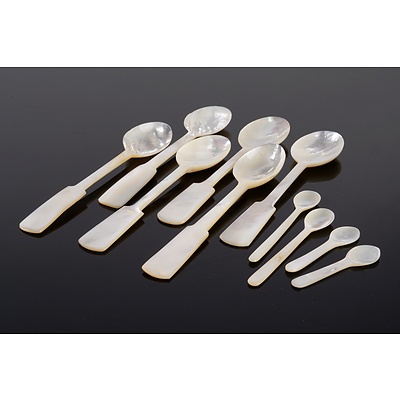Vintage Set of Six Mother of Pearl teaspoons and Four Condiment Spoons