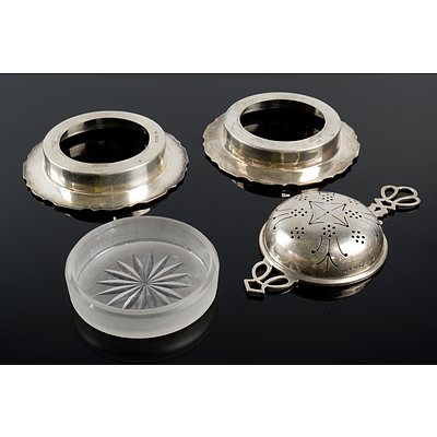 Pair of Walker and Hall Sterling Silver Coasters and a Tea Strainer, Sheffield, 20th Century, 98g