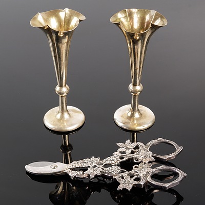 Pair of European .800 Silver Trumpet Vases and a Pair of Silver Plated Wick Shears With Vine and Grape Motif
