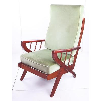 Vintage Timber Framed Armchair with Green Velour Upholstery