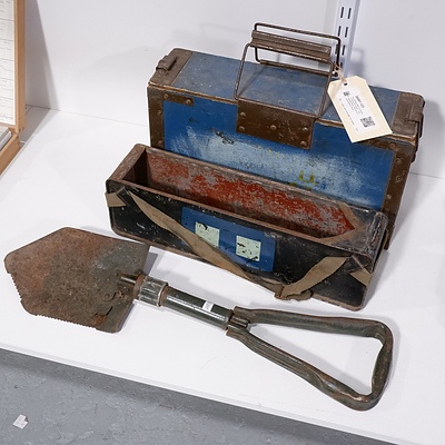 Two Vintage Metal and Wooden Ammunition Boxes - One Marked Willow 1944 and a Folding Military Shovel