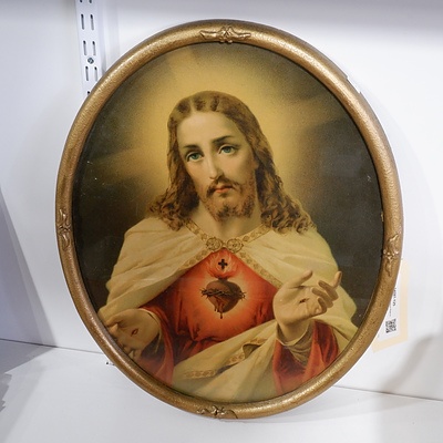Vintage Religious Print in Oval Gilded Frame