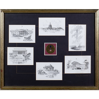 Framed Set of Six Lithographic Prints of Washington DC by Don Cannararo - Signed Lower Right