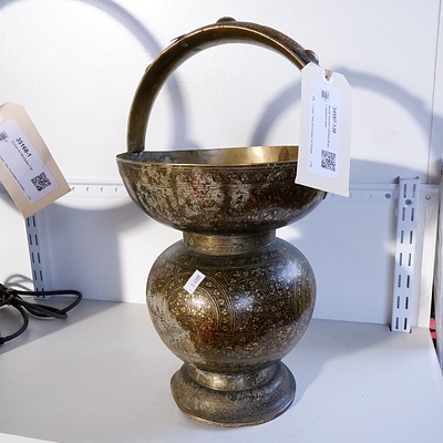 Middle Eastern Etched Brass Handled Vase