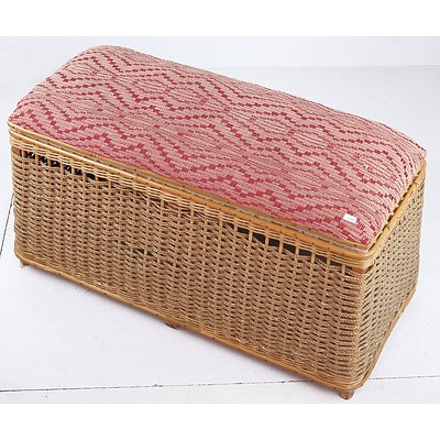 Vintage Woven Cane Hamper with Upholstered Lid