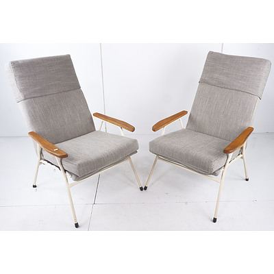 Pair of Vintage Metal Framed Verandah Chair with Timber Armrests and Fabric Upholstered Cushions (2)