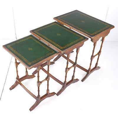Antique Style Nest of Three Tables with Tooled Leatherette Inserts and Protective Glass Tops