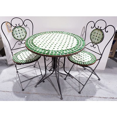 Vintage Style Patio/Garden Table - Metal Framed and Tiled Top with Two Matching Chairs