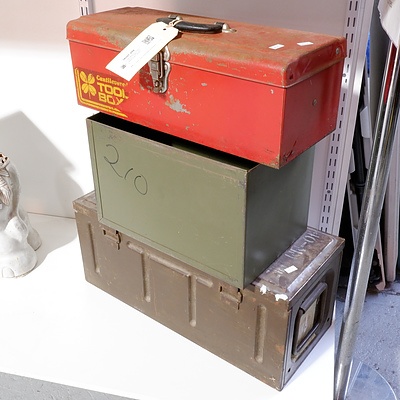 Vintage Metal Ammunition Tin, File Box, Toolbox and a Military Style Canteen (4)