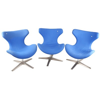 Set of Three Executive Style Swiveled Chairs with Brushed Steeled Base Blue Fabric Upholstery