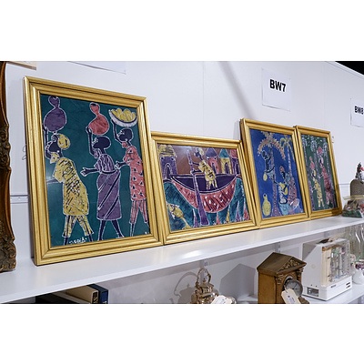 Set of Four Framed Batik Artworks including Artists Signature (4)