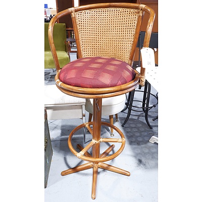 Vintage Style Faux Cane Bar Stool With Rattan Back And Upholstered Seat