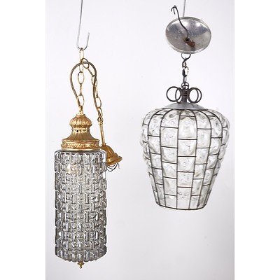 Two Retro Metal and Glass Pendant Light Fittings
