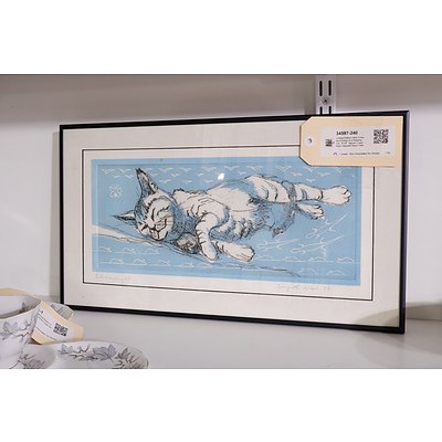 Limited Edition Hand Coloured Etching of a Sleeping Cat - # 2/4 - Signed Lower Right Gwyneth Wood 1986