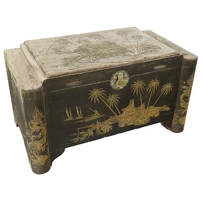 Antique Chinese Camphorwood Chest with Carved Decoration