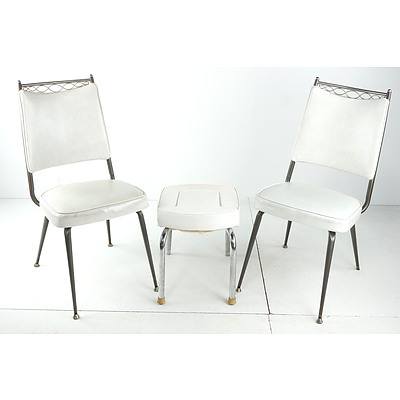 Pair of Retro Metal Framed Vinyl Upholstered Dining Chairs and a Similar Era Footstool (3)